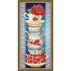 Рисунок на ткани арт. VKA3083 Чашки с розой на синем 25х55 см