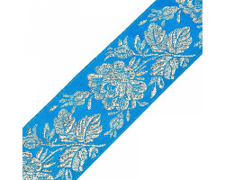 Лента отделочная жаккардовая арт.3017 'Роза' с метанитом шир.65мм уп.50м цв.голубой/серебро