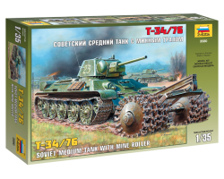 Сборная модель арт.ЗВ.3580 Советский средний танк с минным тралом Т-34/76